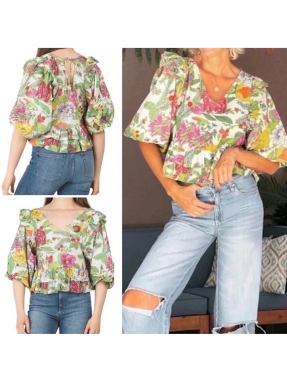 Anthropologie Floral V-Neck Puff Sleeve Peplum Top  Size M